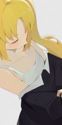 Rule 34 | 1girl, black shirt, blonde hair, bocchi the rock!, bra, breasts, closed eyes, collarbone, commentary, grey background, highres, hiroki (yyqw7151), ijichi nijika, long hair, shirt, side ponytail, simple background, small breasts, solo, underwear, undressing, white bra