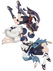 Rule 34 | 3boys, arm armor, armor, artist name, baggy pants, bare shoulders, barefoot, belt, black belt, black bow, black footwear, black shirt, black shorts, black vest, blue eyes, blue hair, blue vest, blunt ends, bow, chinikuniku, closed eyes, closed mouth, dark blue hair, dated, detached sleeves, eyeliner, feet out of frame, gem, genshin impact, gold, green gemstone, grey pants, grey shirt, hair between eyes, hands up, highres, jewelry, leaf, leg warmers, long sleeves, looking down, looking to the side, lying, makeup, male focus, mandarin collar, mitsudomoe (shape), multiple boys, multiple persona, necklace, no headwear, official alternate costume, on side, open clothes, open vest, pants, parted bangs, pom pom (clothes), purple belt, purple shirt, purple socks, red bow, red eyeliner, ring, sandals, scaramouche (genshin impact), scaramouche (kabukimono) (genshin impact), shirt, short sleeves, shorts, shoulder armor, simple background, sleeping, sleeveless, sleeveless shirt, socks, soles, tassel, toenails, toes, tomoe (symbol), two-tone vest, vest, vision (genshin impact), wanderer (genshin impact), watermark, white background, white vest, wide sleeves