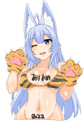 Rule 34 | 1girl, 2022, ahoge, akeome, animal ears, animal hands, animal print, aster90, bad id, bad twitter id, bikini, blue eyes, blue hair, body writing, breasts, commentary, cropped torso, fox ears, gloves, halterneck, happy new year, highres, large breasts, long hair, looking at viewer, navel, new year, one eye closed, open mouth, orange bikini, orange gloves, original, paw gloves, print bikini, simple background, smile, solo, swimsuit, tiger print, upper body, w arms, white background