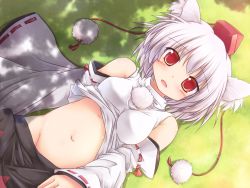 Rule 34 | 1girl, animal ears, bare shoulders, belly, blush, breasts, detached sleeves, female focus, groin, hat, highres, inubashiri momiji, lzh, navel, no panties, pom pom (clothes), red eyes, short hair, skirt, solo, tokin hat, touhou, white hair, wolf ears