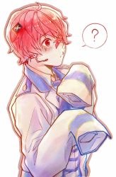 Rule 34 | ?, bandaid, bandaid on face, bandaid on nose, blush, fukase, headset, highres, jacket, lapels, male focus, mini flag, misu (stepforme), necktie, noise, oversized clothes, red eyes, red hair, scar, scar on face, shirt, short hair, sleeves past fingers, sleeves past wrists, solo, striped, upper body, vocaloid, white jacket, white shirt
