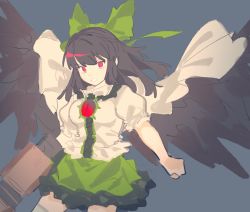 Rule 34 | 1girl, arm cannon, black hair, black wings, bow, cape, green bow, green skirt, hair bow, highres, long hair, ntii, red eyes, reiuji utsuho, short sleeves, skirt, solo, third eye, touhou, weapon, white cape, wings