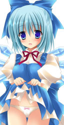 Rule 34 | 1girl, :d, blue eyes, blue hair, bow, bowtie, cirno, clothes lift, hair bow, hair ribbon, ice, ice wings, kirishima riona, looking at viewer, matching hair/eyes, open mouth, panties, ribbon, skirt, skirt lift, smile, solo, touhou, underwear, upskirt, white panties, wings