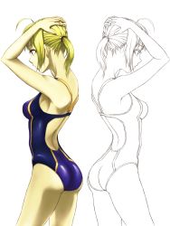 Rule 34 | 1girl, 997133z, ahoge, arms up, artoria pendragon (all), artoria pendragon (fate), ass, back, blonde hair, breasts, competition swimsuit, fate/zero, fate (series), highres, official alternate costume, one-piece swimsuit, partially colored, ponytail, saber (fate), saber (summer battle clothes) (fate), solo, swimsuit, symmetry