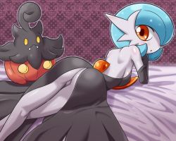 Rule 34 | 10s, 1girl, alternate color, ass, back, bad id, bad twitter id, bed, bed sheet, blue hair, breasts, clothed pokemon, creatures (company), from behind, game freak, gardevoir, gen 3 pokemon, gen 6 pokemon, head rest, kneepits, legs, looking at viewer, looking back, lying, medium breasts, mega gardevoir, mega pokemon, nintendo, on bed, on stomach, orange eyes, pokemoa, pokemon, pokemon (creature), pokemon xy, pumpkaboo, shiny pokemon, sideboob