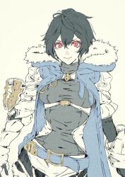 Rule 34 | 1girl, armor, bad id, bad pixiv id, belt, black hair, cape, celliera, check commentary, commentary, commentary request, dragalia lost, gauntlets, hirou (user pcva8255), light smile, messy hair, red eyes, short hair, simple background, solo, white background