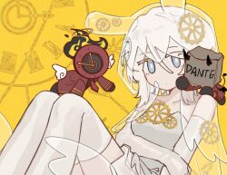 Rule 34 | 1girl, 2others, angel and devil, animal ears, blue eyes, clock, closed mouth, dante (limbus company), dress, dual persona, e.g.o (project moon), elbow gloves, everlasting (e.g.o), faust (project moon), gear hair ornament, gloves, highres, ivy (675671), knees up, limbus company, looking at viewer, multiple others, project moon, rabbit ears, short hair, simple background, sitting, strapless, strapless dress, thighhighs, white dress, white gloves, white hair, white thighhighs, white veil, yellow background