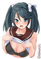 Rule 34 | 1girl, black bra, blue eyes, blue hair, blush, bra, breasts, brown sailor collar, clothes lift, collarbone, cropped torso, ebifurya, highres, isuzu (kancolle), kantai collection, large breasts, lifted by self, long hair, open mouth, sailor collar, school uniform, serafuku, shirt lift, simple background, sleeveless, solo, twintails, twitter username, underwear, white background