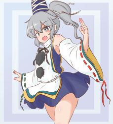 Rule 34 | 1girl, :d, adapted costume, armpit peek, arms up, bare shoulders, blue skirt, blush, bright pupils, commentary request, commission, cowboy shot, detached sleeves, flat chest, grey background, grey hair, hair between eyes, hand up, happy, hat, high ponytail, long hair, mizusoba, mononobe no futo, open mouth, petite, simple background, skeb commission, skirt, smile, solo, tate eboshi, thighs, touhou, white pupils