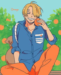 Rule 34 | 1boy, ^ ^, bag, blonde hair, blue shirt, closed eyes, commentary request, curly eyebrows, food, fruit, hatch (8cco), holding, holding food, long sleeves, male focus, one piece, orange pants, pants, sanji (one piece), shirt, sitting, sky, smile, solo