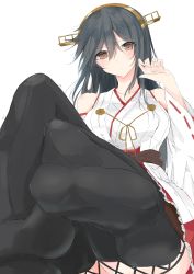 Rule 34 | 10s, 1girl, absurdres, bare shoulders, black hair, breasts, brown eyes, cleavage, collarbone, detached sleeves, feet, foreshortening, hair between eyes, hair ornament, hairband, hairclip, haruna (kancolle), highres, japanese clothes, kantai collection, long hair, looking at viewer, nao (qqqbb), no shoes, nontraditional miko, ribbon-trimmed sleeves, ribbon trim, simple background, sitting, sketch, smile, soles, solo, thighhighs, thighs, wide sleeves