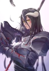 Rule 34 | 1girl, albedo (overlord), armor, black feathers, black hair, blood, blood on face, blood splatter, breastplate, demon girl, feathers, hair between eyes, helmet, highres, holding, holding helmet, horns, ito t20a, long hair, open mouth, overlord (maruyama), shoulder armor, slit pupils, solo, sweatdrop, upper body, very long hair, white background, yellow eyes