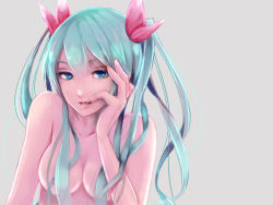 Rule 34 | 1girl, aqua hair, blue eyes, breasts, grey background, hand on own face, hatsune miku, long hair, looking at viewer, nude, saojou, simple background, solo, twintails, upper body, vocaloid