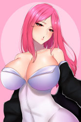 Rule 34 | 1girl, :o, bad id, bad twitter id, black jacket, blush, bodysuit, borrowed character, breasts, cleavage, collarbone, commentary, english commentary, floating hair, head tilt, highres, jacket, large breasts, long hair, looking at viewer, nyctea snow, off shoulder, open mouth, original, pink hair, red eyes, white bodysuit