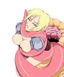 Rule 34 | 1girl, aya brea, bhm, blonde hair, blue eyes, breasts, cleavage, female focus, huge tongue, jacket, one eye closed, parasite eve, parasite eve ii, short hair, simple background, solo, sweat, tentacles, tongue, vore, white background, wink