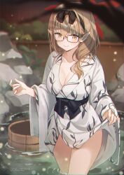 Rule 34 | 1girl, bath yukata, black hairband, blue archive, blurry, blurry background, blush, breasts, brown eyes, brown hair, bucket, chinatsu (blue archive), chinatsu (hot spring) (blue archive), cleavage, closed mouth, collarbone, cowboy shot, depth of field, glasses, hair between eyes, hair ribbon, hairband, halo, highres, ika (4801055), japanese clothes, kimono, large breasts, long hair, looking at viewer, onsen, outdoors, pointy ears, ribbon, smile, solo, standing, thighs, wading, water, white kimono, wide sleeves, wooden bucket, yukata