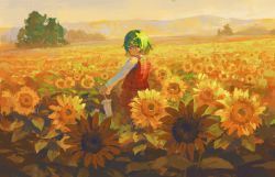 Rule 34 | 1girl, closed umbrella, commentary, field, fjsmu, flower, flower field, from behind, green hair, highres, holding, holding umbrella, kazami yuuka, long sleeves, looking at viewer, looking back, medium hair, orange theme, parasol, plaid, plaid skirt, plaid vest, red eyes, red skirt, red vest, scenery, shirt, skirt, solo, sunflower, sunflower field, touhou, tree, umbrella, vest, white shirt, wide shot