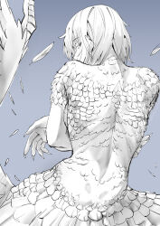 Rule 34 | 1girl, absurdres, back, back focus, body fur, centauroid, chimera, commentary, completely nude, covered mouth, cowboy shot, dungeon meshi, english commentary, falin touden, falin touden (chimera), falling feathers, feathered wings, feathers, fingernails, from behind, greyscale with colored background, highres, long fingernails, looking at viewer, looking back, monochrome, monster girl, nude, sharp fingernails, short hair, sideways glance, simple background, solo, spoilers, taur, weilic, wings