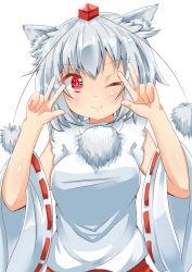 Rule 34 | 1girl, animal ears, arms up, blush, breasts, commentary request, detached sleeves, hat, head tilt, inubashiri momiji, looking at viewer, medium breasts, one eye closed, pom pom (clothes), red eyes, red hat, red skirt, ribbon-trimmed sleeves, ribbon trim, rururiaru, short hair, silver hair, simple background, skirt, smile, solo, standing, tokin hat, touhou, upper body, w, white background, wolf ears