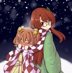Rule 34 | 2girls, back-to-back, bell, blush, brown eyes, brown hair, closed eyes, futatsuiwa mamizou, futatsuiwa mamizou (human), glasses, hair bell, hair ornament, japanese clothes, kimono, leaf, leaf on head, long hair, long sleeves, motoori kosuzu, multiple girls, pince-nez, scarf, scarf over mouth, shared clothes, shared scarf, snowing, tanasuke, touhou, two side up, very long hair, wide sleeves