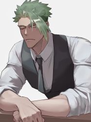 Rule 34 | 1boy, absurdres, achilles (fate), alternate costume, bags under eyes, black necktie, black vest, closed mouth, collared shirt, fate/grand order, fate (series), frown, green hair, haruakira, highres, leaning on table, male focus, mature male, necktie, one eye closed, shirt, simple background, sleeves past elbows, solo, undercut, upper body, vest, white background, yellow eyes