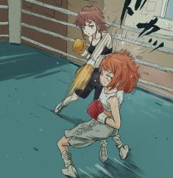 Rule 34 | 2girls, adachi ku jp, bad id, bad twitter id, blue eyes, boxing, boxing gloves, boxing ring, constricted pupils, female focus, fighting, fighting stance, highres, indoors, legs apart, motion lines, multiple girls, orange hair, punching, ryona, shorts, sports bra, sportswear