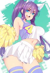 Rule 34 | 1girl, absurdres, animal ear fluff, animal ears, armpit peek, artist name, blue eyes, breasts, cheerleader, clothes writing, contrapposto, crop top, from below, highres, holding, holding pom poms, medium breasts, multicolored clothes, navel, open mouth, original, pleated skirt, pom pom (cheerleading), pom poms, purple hair, purple thighhighs, ribbed legwear, rice-chan, ricechan, shirt overhang, skirt, sleeveless, smile, solo, stomach, striped clothes, striped thighhighs, tank top, thick thighs, thighhighs, thighs, tisumi (surefour), toned, twintails, white skirt, zettai ryouiki