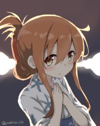 Rule 34 | 10s, 1girl, alternate costume, blush, brown eyes, brown hair, commentary request, folded ponytail, hands on own chest, inazuma (kancolle), japanese clothes, kantai collection, kimono, looking at viewer, smile, solo, twitter username, yakitori (yakitori06), yukata