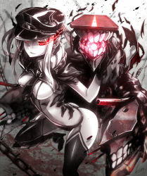 Rule 34 | 10s, 1girl, abyssal ship, breasts, dark persona, female focus, gloves, glowing, glowing eyes, graf zeppelin (kancolle), hat, kantai collection, kito (kito2), large breasts, long hair, peaked cap, red eyes, smile, solo, turret, twintails