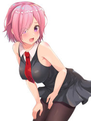 Rule 34 | 1girl, aibumi, between breasts, between legs, black dress, black pantyhose, blush, breasts, d:, d:&lt;, dress, fate/grand order, fate (series), hair over one eye, hand between legs, hand on own thigh, hand on thigh, large breasts, leaning forward, looking at viewer, mash kyrielight, necktie, necktie between breasts, no eyewear, open mouth, pantyhose, pink hair, purple eyes, red necktie, short dress, short hair, simple background, sleeveless, sleeveless dress, solo, teeth, v-shaped eyebrows, white background