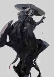 Rule 34 | 1girl, black cape, black eyes, black gloves, black hair, cape, gloves, grey background, hair between eyes, hat, made in abyss, molatoliamu, multicolored hair, ozen, short hair, solo, two-tone hair, white hair