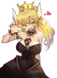 Rule 34 | &gt;:), 1girl, armlet, bare shoulders, between breasts, black dress, blonde hair, blue eyes, blush, bowsette, bracelet, breasts, claw pose, collar, covered navel, dress, earrings, goomba, goomrrat, horns, jewelry, large breasts, mario (series), nail polish, new super mario bros. u deluxe, nintendo, ponytail, sharp teeth, simple background, spiked armlet, spiked bracelet, spiked collar, spikes, strapless, strapless dress, super crown, teeth, thick eyebrows, white background