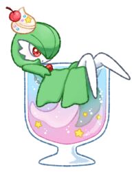 Rule 34 | 1girl, blush, bob cut, cherry, colored skin, cream, creatures (company), cup, drink, drinking glass, female focus, food, food focus, food on head, from side, fruit, full body, game freak, gardevoir, gen 3 pokemon, green hair, green skin, hair over one eye, in food, legs, light blush, muguet, multicolored skin, nintendo, object on head, one eye covered, open mouth, partially submerged, pokemon, pokemon (creature), red eyes, short hair, simple background, solo, star (symbol), two-tone skin, white background, white skin