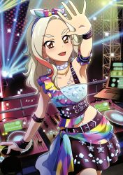 Rule 34 | 1girl, :d, absurdres, aikatsu!, aikatsu! (series), arm strap, arm up, armpits, asymmetrical clothes, belt, black skirt, bow, brown eyes, chain, choker, cowboy shot, earrings, hair bow, hairband, headphones, highres, holding, holding headphones, indoors, jewelry, kurosawa rin (aikatsu!), long hair, looking at viewer, midriff, miniskirt, multicolored hair, navel, open mouth, outstretched arms, silver hair, skirt, smile, solo, sparkle, spotlight, standing, star (symbol), star earrings, stomach, streaked hair, white hairband, wrist cuffs