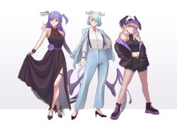 Rule 34 | 3girls, ahoge, blue eyes, blue hair, boots, breasts, cipher4109, clothes lift, commentary, dress, dress lift, elira pendora, english commentary, enna alouette, fishnet pantyhose, fishnets, full body, grey hair, hair over one eye, hat, head wings, heterochromia, high heels, highres, jacket, lifting own clothes, looking at viewer, medium breasts, midriff, multiple girls, navel, nijisanji, nijisanji en, pantyhose, purple eyes, purple hair, selen tatsuki, short hair, shorts, simple background, slit pupils, smile, standing, thigh strap, virtual youtuber, white background, wings