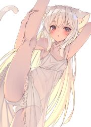 Rule 34 | 1girl, animal ears, armpits, arms up, bare shoulders, blush, cat ears, cat tail, commentary request, dress, highres, kneepits, leg up, looking at viewer, navel, original, panties, parted lips, red eyes, see-through, see-through dress, shiro youduki, sleeveless, sleeveless dress, solo, spaghetti strap, split, stretching, tail, underwear, white background, white dress, white hair, white panties