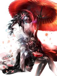 Rule 34 | 10s, 1girl, abyssal ship, anchor hair ornament, ancient destroyer oni, black hair, bloom, blue eyes, bowl, cherry blossoms, cup, drill hair, falling petals, flaming eye, flower, flower in waistband, hair flower, hair ornament, hakama, hakama skirt, holding, holding bowl, holding umbrella, invisible chair, japanese clothes, kantai collection, kimono, long hair, off shoulder, oil-paper umbrella, pale skin, petals, sakazuki, side drill, side ponytail, sidelocks, simple background, sitting, skirt, solo, umbrella, white background, yane (gokuderanyan)