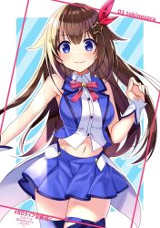 Rule 34 | 1girl, blouse, blue eyes, blue thighhighs, breasts, brown hair, character name, collared shirt, commentary request, dated, hair flaps, hair ornament, highres, hololive, kashiba aira, large breasts, leg ribbon, long hair, looking at viewer, navel, ribbon, shirt, signature, sleeveless, solo, thigh ribbon, thighhighs, thighs, tokino sora, tokino sora (1st costume), twitter username, virtual youtuber, waist cape, white shirt