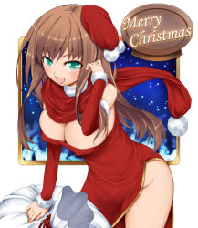 Rule 34 | 1girl, adjusting hair, arm up, bad id, bad pixiv id, blush, breasts, brown hair, christmas, cleavage, covered erect nipples, detached sleeves, dress, green eyes, hat, large breasts, legs, long hair, merry christmas, no bra, no panties, open mouth, original, ribucci, sack, santa hat, scarf, shiny skin, side slit, snow, solo, strapless, strapless dress, thighs