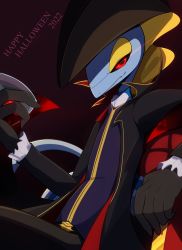Rule 34 | 2022, absurdres, black coat, closed mouth, clothed pokemon, coat, creatures (company), eye trail, fang, fang out, game freak, gen 8 pokemon, halloween, happy halloween, clothed pokemon, highres, inteleon, light trail, long sleeves, nintendo, open clothes, open coat, pokemon, pokemon (creature), red eyes, solo, zymonasyh