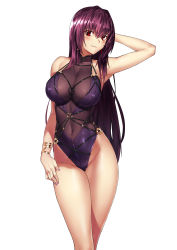 Rule 34 | 1girl, absurdres, adapted costume, arm at side, arm up, armpits, bare legs, bare shoulders, blush, bracelet, breasts, cleavage, closed mouth, contrapposto, covered navel, earrings, fate/grand order, fate (series), female focus, groin, hair between eyes, hand on own leg, hand on own thigh, highres, jewelry, kai (pixiv12466647), large breasts, legs, long hair, looking at viewer, nail polish, one-piece swimsuit, purple hair, purple nails, red eyes, scathach (fate), see-through, simple background, smile, solo, swimsuit, type-moon, white background