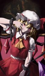 Rule 34 | 1girl, absurdres, ascot, blonde hair, blood, blood on face, chain, closed mouth, collared shirt, cowboy shot, crystal, dress, fangs, flandre scarlet, hat, highres, medium hair, mob cap, mouth pull, muginosa, red dress, red eyes, shirt, solo, touhou, yellow ascot