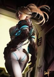 Rule 34 | 1girl, armor, ass, blonde hair, bodysuit, from behind, ghost (starcraft), goggles, goggles on head, hand on own hip, neon trim, nova (starcraft), paolo antonio aguasin, power armor, solo, starcraft, terran