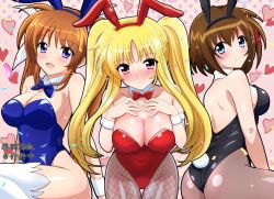 Rule 34 | 3girls, animal ears, ass, black leotard, black pantyhose, blonde hair, blue bow, blue bowtie, blue eyes, blue leotard, blush, bow, bowtie, breasts, brown hair, cleavage, detached collar, fate testarossa, fishnet pantyhose, fishnets, heart, heart background, highres, large breasts, leotard, long hair, lyrical nanoha, mahou shoujo lyrical nanoha strikers, multiple girls, nose blush, pantyhose, playboy bunny, purple eyes, rabbit ears, rabbit tail, red bow, red bowtie, red eyes, red leotard, short hair, sitting, smile, strapless, strapless leotard, tail, takamachi nanoha, thighhighs, twintails, usuba kagerou (shougyouchu), white thighhighs, wrist cuffs, yagami hayate