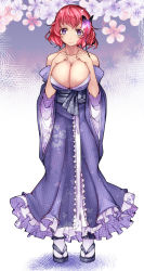 Rule 34 | 1girl, aoshima, bare shoulders, breasts, butterfly hair ornament, cleavage, collarbone, commentary request, dress, frilled dress, frills, hair ornament, highres, large breasts, looking at viewer, no bra, off shoulder, purple dress, purple eyes, red hair, saigyouji yuyuko, sash, smile, solo, touhou, wide sleeves