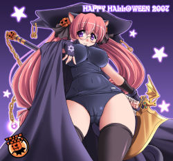 Rule 34 | 1girl, animal ears, black one-piece swimsuit, breasts, cat ears, food-themed hair ornament, glasses, hair ornament, halloween, happy halloween, huge breasts, log-mi (tonpuu), one-piece swimsuit, original, pumpkin hair ornament, school swimsuit, solo, swimsuit, thighhighs, tonpuu, trick or treat
