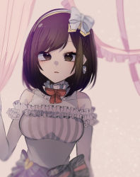 Rule 34 | 1girl, bow, bowtie, breasts, brown eyes, brown hair, detached sleeves, dot nose, dress, hair bow, looking at viewer, medium breasts, project sekai, red bow, shinonome ena, short sleeves, sleeveless, sleeveless dress, solo, upper body, white dress, ysys 07