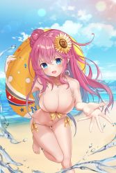 Rule 34 | 1girl, :d, absurdres, arm up, bare shoulders, barefoot, beach, bikini, blue eyes, breasts, choker, cleavage, cloud, day, female focus, flower, hair between eyes, hair bun, hair flower, hair ornament, halterneck, hand up, highres, holding, holding swim ring, innertube, jewelry, large breasts, leg up, lens flare, looking at viewer, navel, necklace, ocean, open mouth, original, outdoors, pink hair, pla0658, sand, side-tie bikini bottom, sidelocks, single hair bun, sky, smile, solo, standing, sunflower, sunflower hair ornament, sunlight, swim ring, swimsuit, water, water drop