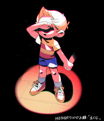 Rule 34 | 1boy, 1other, bike shorts, black background, covering face, covering own eyes, facing viewer, full body, highres, holding hands, lucas (mother 3), male focus, mi (33tb), mother (game), mother 1, mother 3, nintendo, open mouth, short hair, shorts, simple background, spotlight, standing, striped clothes