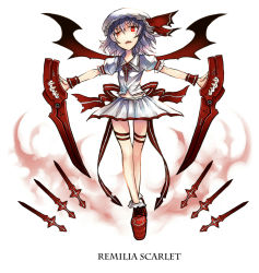 Rule 34 | 1girl, bat wings, character name, cross, dual wielding, english text, fang, female focus, gia, hat, holding, looking at viewer, purple hair, red eyes, remilia scarlet, short hair, skirt, solo, sword, touhou, weapon, wings, wrist cuffs